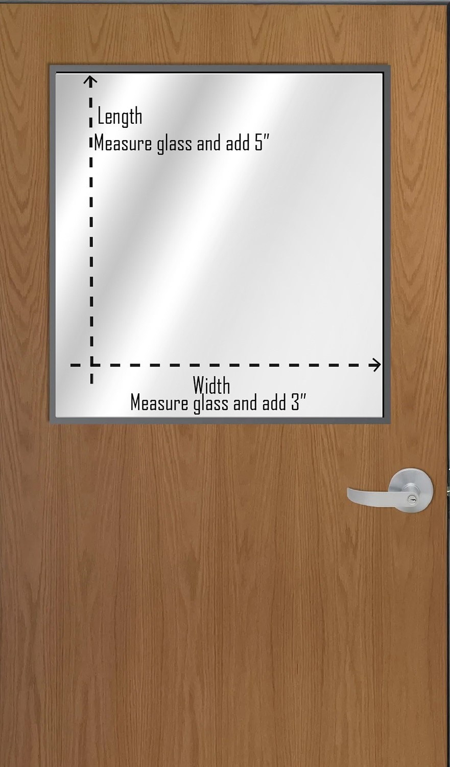 Measurement diagram showing width and length guidance for classroom door window.