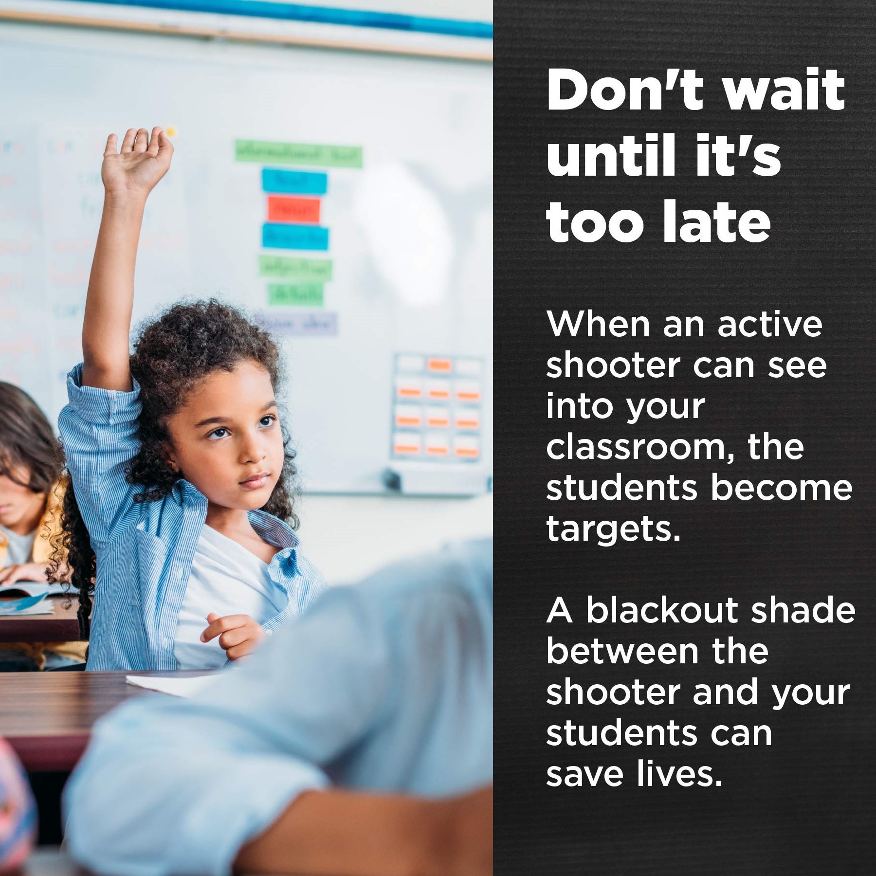 Classroom image with student and safety message about classroom window coverage.