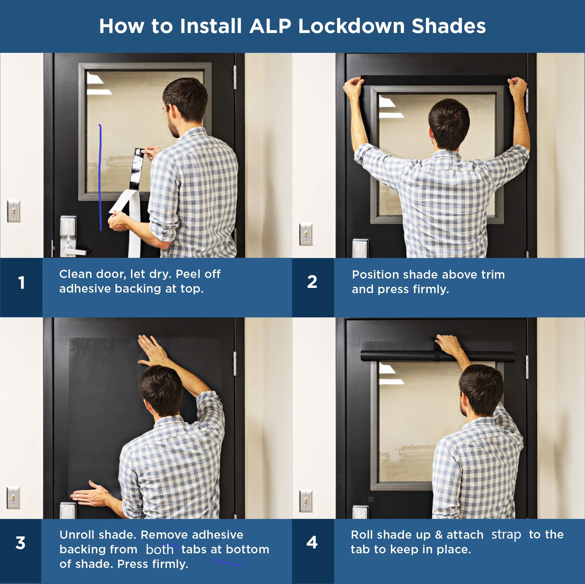Four-step visual guide showing how to install ALP lockdown shades.