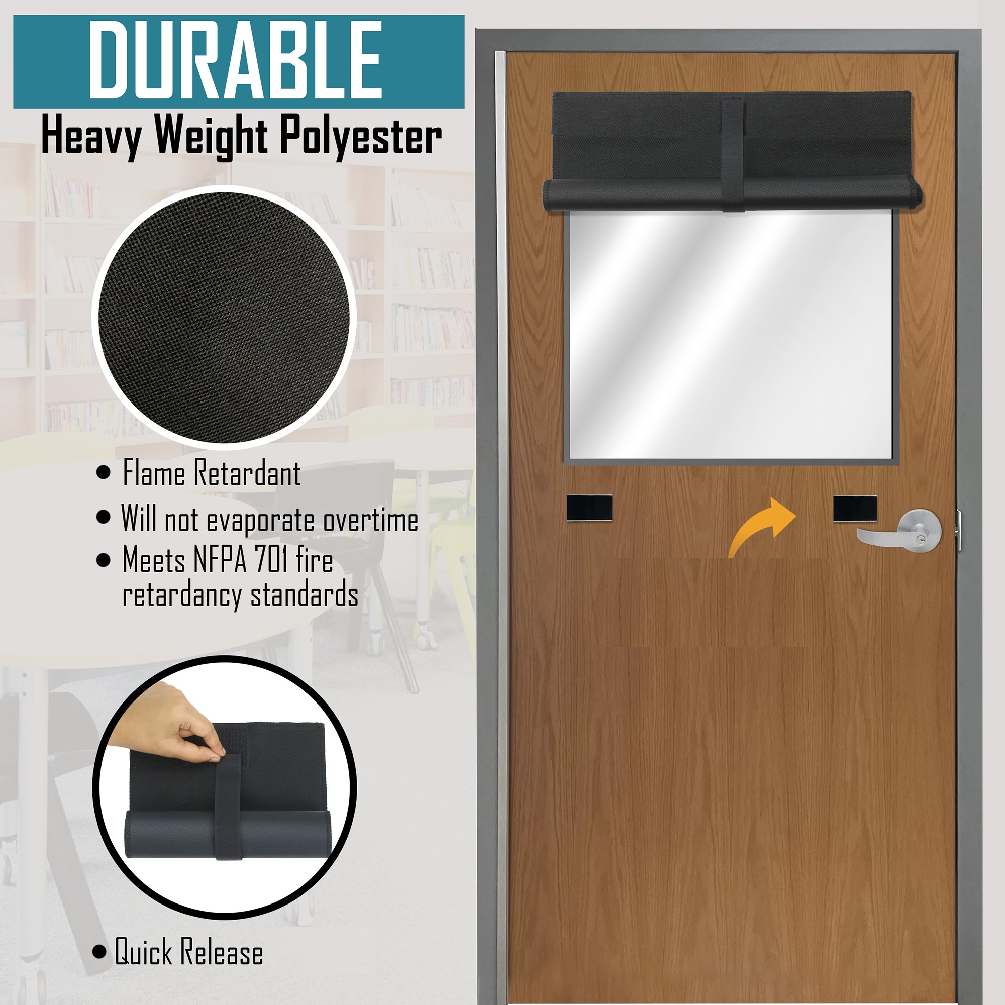 Infographic showing the durable heavy-weight polyester ALP lockdown shade and quick-release design.